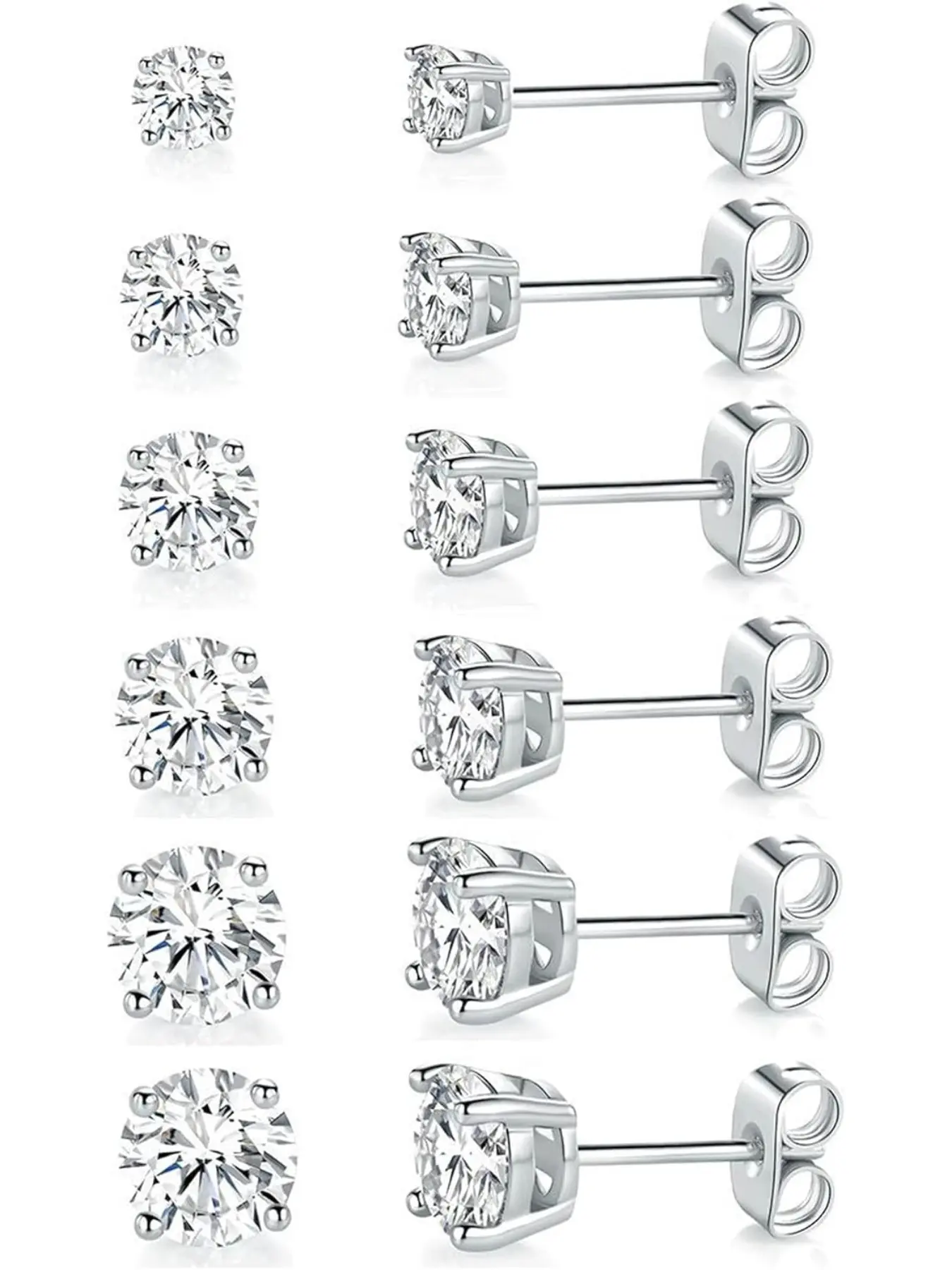18K White Gold Plated 4 Pong Round Clear Cubic Zirconia Stud Earring Pack of 6 Pairs (6 Pairs) Stud Earrings Jewelry Earring Studs