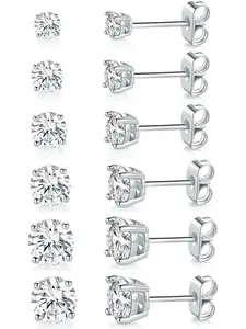 18K White Gold Plated 4 Pong Round Clear Cubic Zirconia Stud Earring Pack of 6 Pairs (6 Pairs) Stud Earrings Jewelry Earring Studs