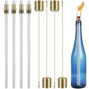 12 Counts Wine Bottle Torch Kit with 4 Glass Fiber Wicks 4 Brass Holders & 4 Covers DIY Candle Party Decorations for Garden Bar Outdoor Lighting
