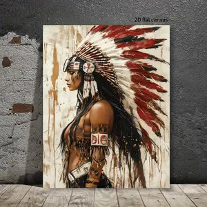 A single-layer flat canvas art piece with a single frame depicting an indigenous female with a tribal feather headdress, an indigenous portrait poster suitable for living room or bedroom wall decoration, with a 15.7inch x 11.8inch ( 40cm x 30cm ) woo