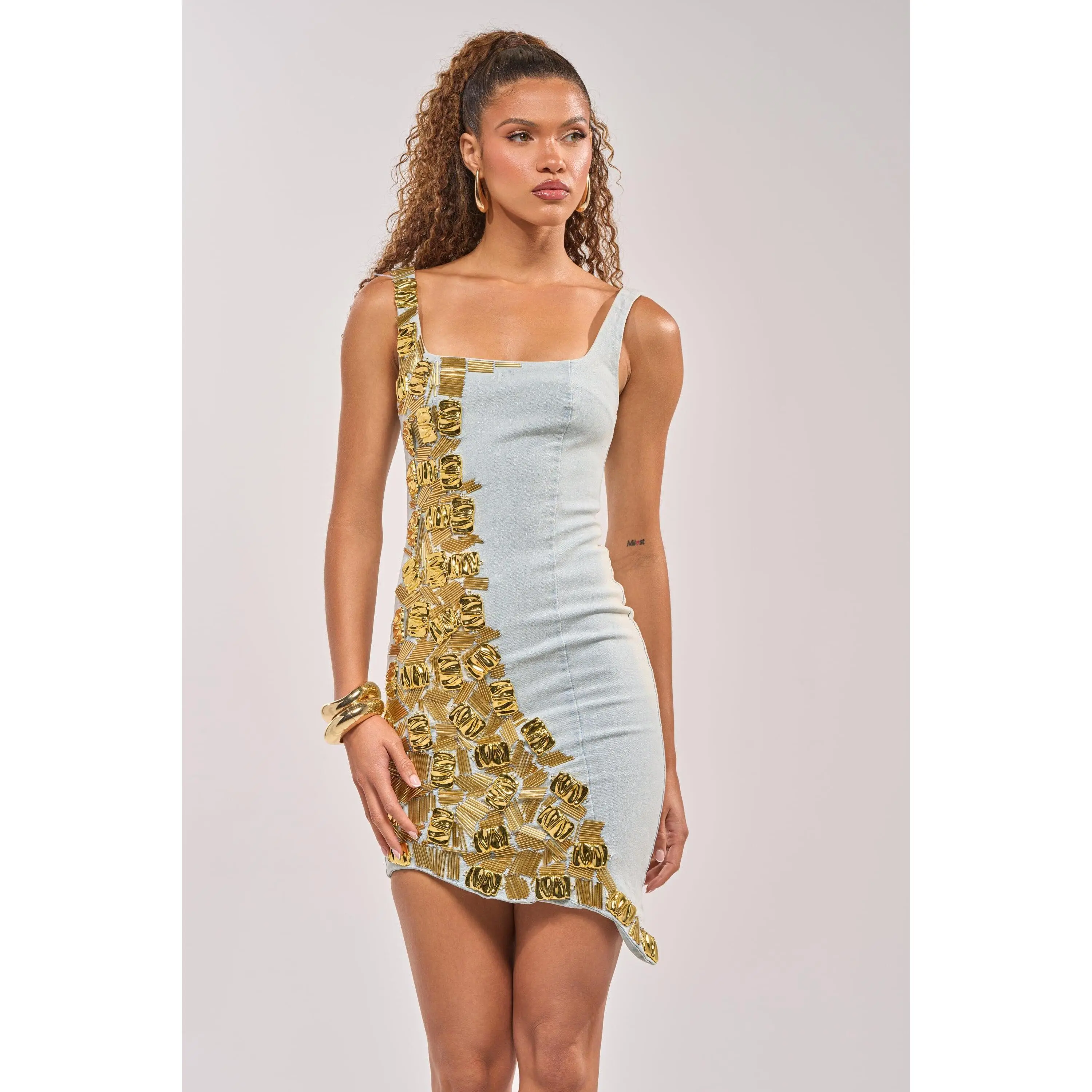 GOLDEN GODDESS EMBELLISHED DENIM MINI DRESS