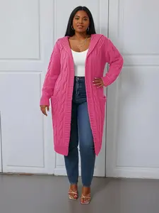 Elegant Plus Size Hooded Knit Cardigan, Long Sleeve Button Pocket Sweater Coat, Casual Plain Color Women's Fashion Outerwear