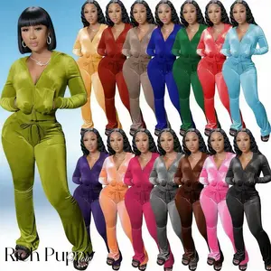 Women Autumn Two Piece Outfits 2 Piece Velour Tracksuit Velvet Sweatsuits Zip Up Hooded Jacket Flared Pants Jogger Sets Clothes Pink