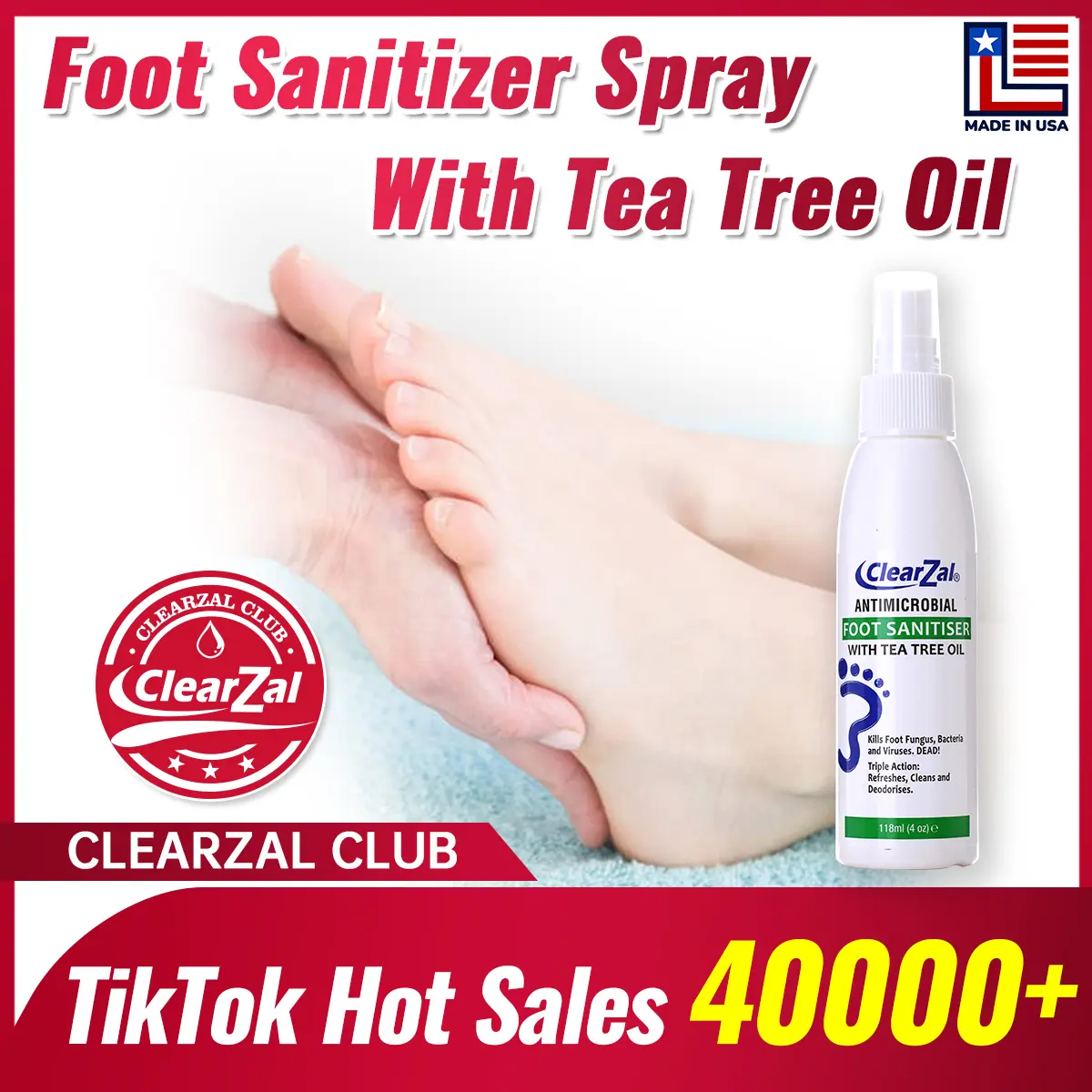 ClearZal Foot Sanitizer Spray with Tea Tree Oil, 4-Ounce Bottle ,Contains natural tea tree oil and aloe vera Fungal infection of feet, burning, itching, dandruff [Combination pack]