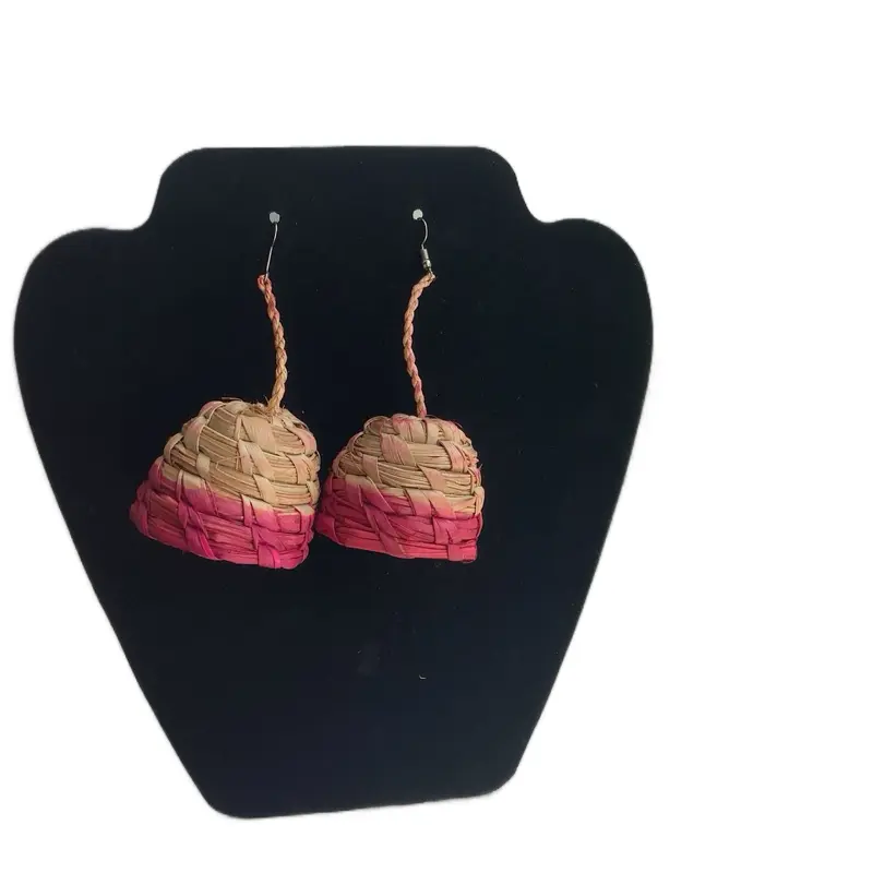 Raffia Bell Shaped Earrings - Handcrafted Woven Design in Natural and Pink Colors for Stylish Accessories