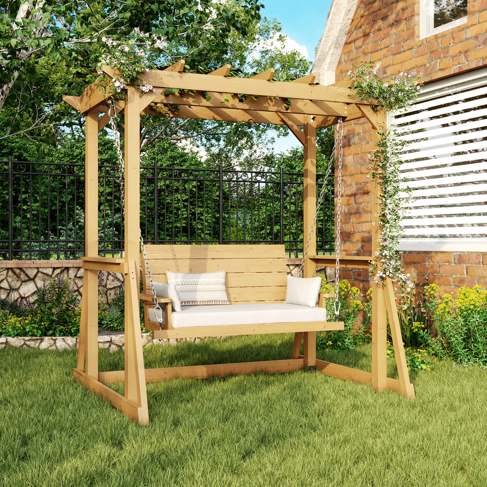 FUFU&GAGA Natural Wood Patio Swing with Canopy Frame, Heavy-Duty 2-Person Outdoor Swing Bench for Garden & Backyard