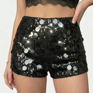 VYNCE Women Sexy Black Sequin Mini Shorts Grunge Punk Festival Rave Outfits Ultra Low Waist Micro Shorts for Concert Party