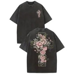 Floral Cross Graphic Washed T-Shirt, Retro Streetwear Double-Sided Print, Distressed Summer Drop-Shoulder Short Sleeve Crew Neck Tee for Men & Women, Perfect for TikTok Shop Black Friday