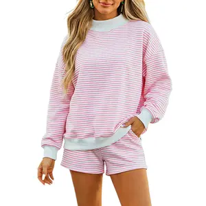 Mntaor Women's Cozy Pink Stripe Oversized Mock Neck Sweatshirt & Shorts Matching Set C with Ribbed Cuffs Perfect for Street Style & Casual Day Out
