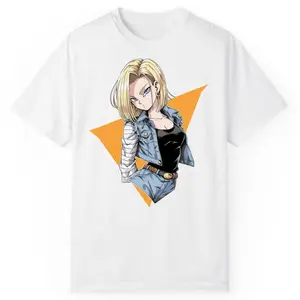 Dragon Ball Android 18 Graphic T-Shirt, Blonde Fighter Denim Jacket Design, Unisex Cotton Anime Streetwear Tee For Manga Fans, Retro 90s DBZ Outfit