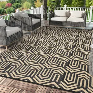 9x12 Large Geometric Outdoor Rug, Coffee Chevron Pattern Waterproof Reversible Plastic Straw Camping Rug, Foldable Lightweight Modern Outside Mat for Camper Balcony Beach Porch RV