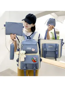 Korean Style Canvas Backpack for Women Large Capacity 5 Piece Set School Bag with Bear Keychain Teen Girls Backpack Casual Travel Backpack