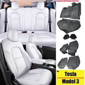 Fuax Leather Full Coverage Front & Rear Full Set All inclusive Customed Car Replacement Cushions Automotive Interior Vehicle Black 5- Seat Covers For Tesla Model 3 2020-2023 White, Waterproof, Airbag-Safe