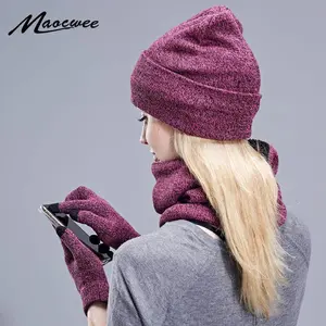 Winter Fleece Lined Thermal Set Hat Scarf Touchscreen Gloves Trio for Women Men Outdoor Skiing