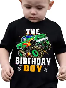 The Birthday Boy Monster Truck Kids T-Shirt Green Monster Truck Birthday Graphic Tee for Boys