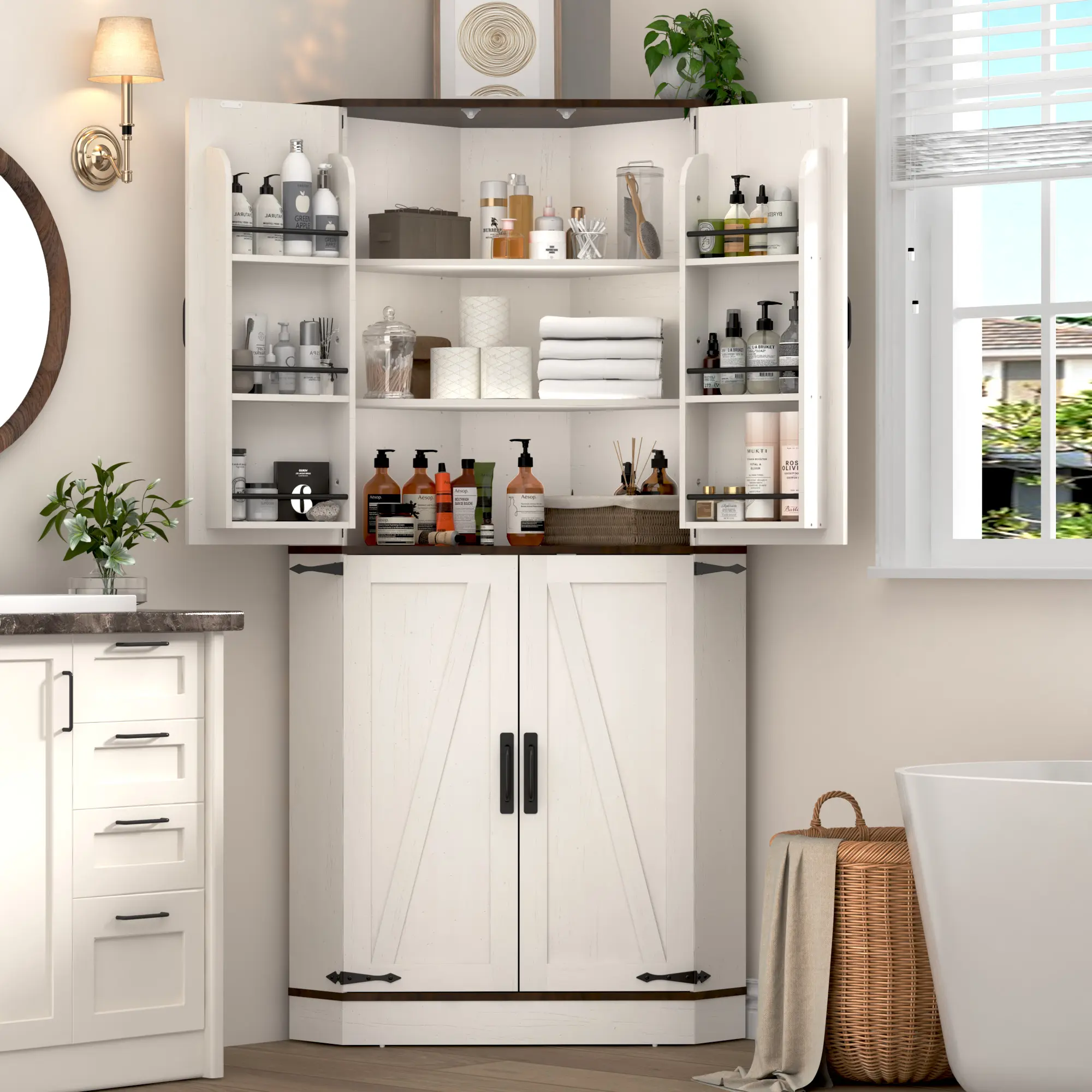 68 in Farmhouse Corner Storage Cabinet with Sturdy Base, Doors & Adjustable Shelves - Kitchen Pantry for Living Room, Dining Room