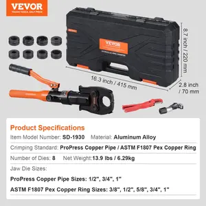 VEVOR Copper Pipe Crimping Tool, Hydraulic Driven Press Tool with 1/2, 3/4, 1 Jaws for Copper Pipe and 3/8, 1/2, 5/8, 3/4, 1 Jaws for ASTM F1807 Pex Pipe Copper Ring