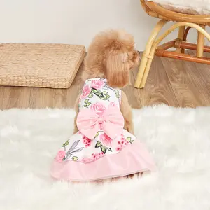 Pink Rose Print Dog & Cat Dress Costume - Big Bow & Tulle Skirt Pet Outfit, Soft Clothing for Small Medium Dogs & Cats (Poodle/Kitten) Clothes