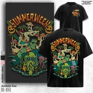 Summerween Horror Tee – Washed T-Shirt Cotton Menswear Top | Smooth Streetwear Prints for Man, Casual Classic Gaming Style Fabric