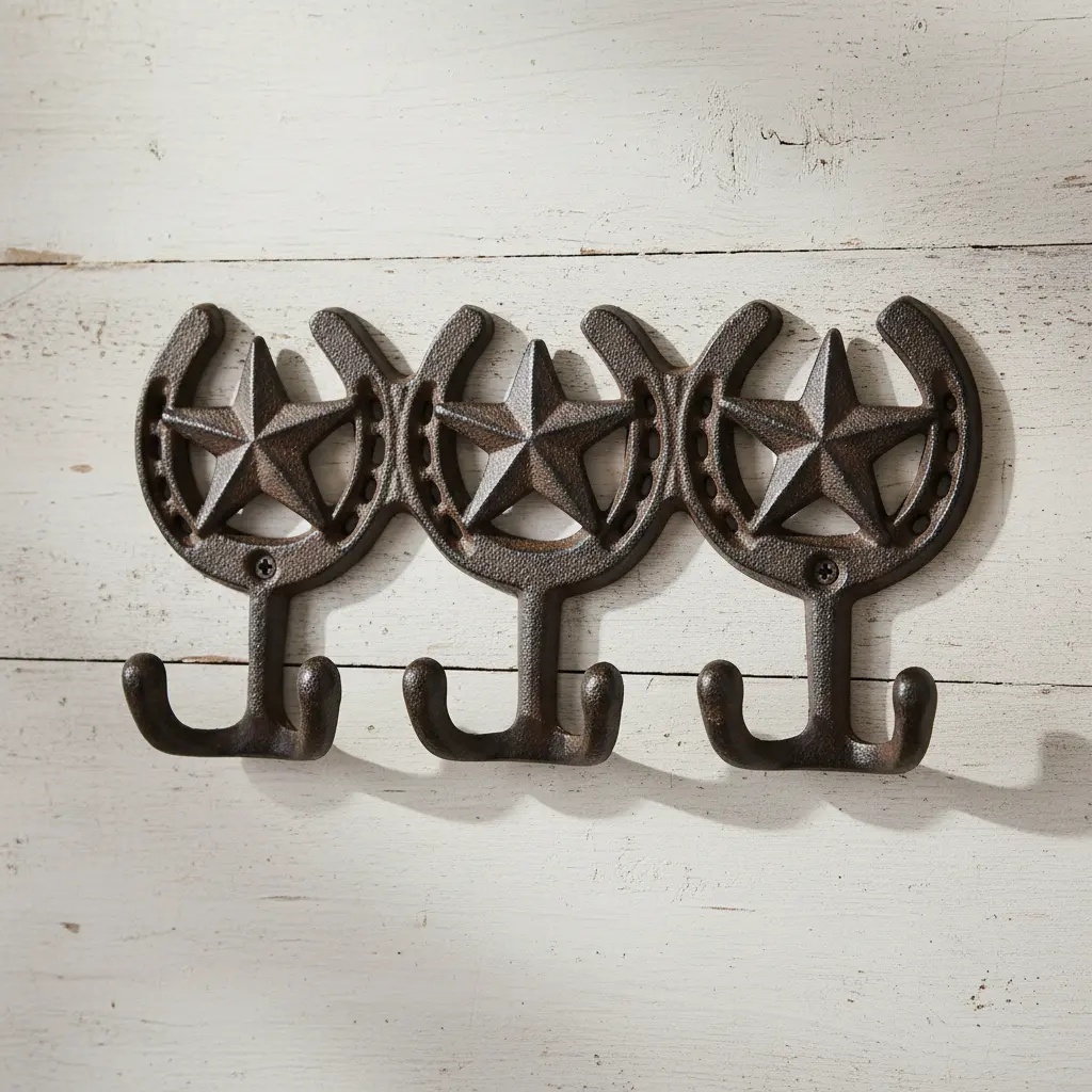 Star Horseshoe Triple Wall Hooks, Cast Iron for Coats, Bags or Scarves, 9.1"