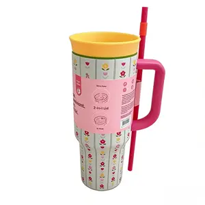 Owala 40oz Large Capacity Insulated Tumbler with Straw and Handle, Double Wall Stainless Steel, Leak Proof, Ideal for Car, Travel, Camping, School & Office Drinkware Flasks Mug Bottles Bottled Portable frozen drink water purple poinsettia black cherry