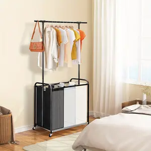 Laundry Sorting Machine with Retractable Boom, Laundry Basket Cart with 3 Colors Removable Bags, Heavy-Duty Lockable Wheels, Laundry Finishing Cart for Laundry Room Bedroom Clothes Locker