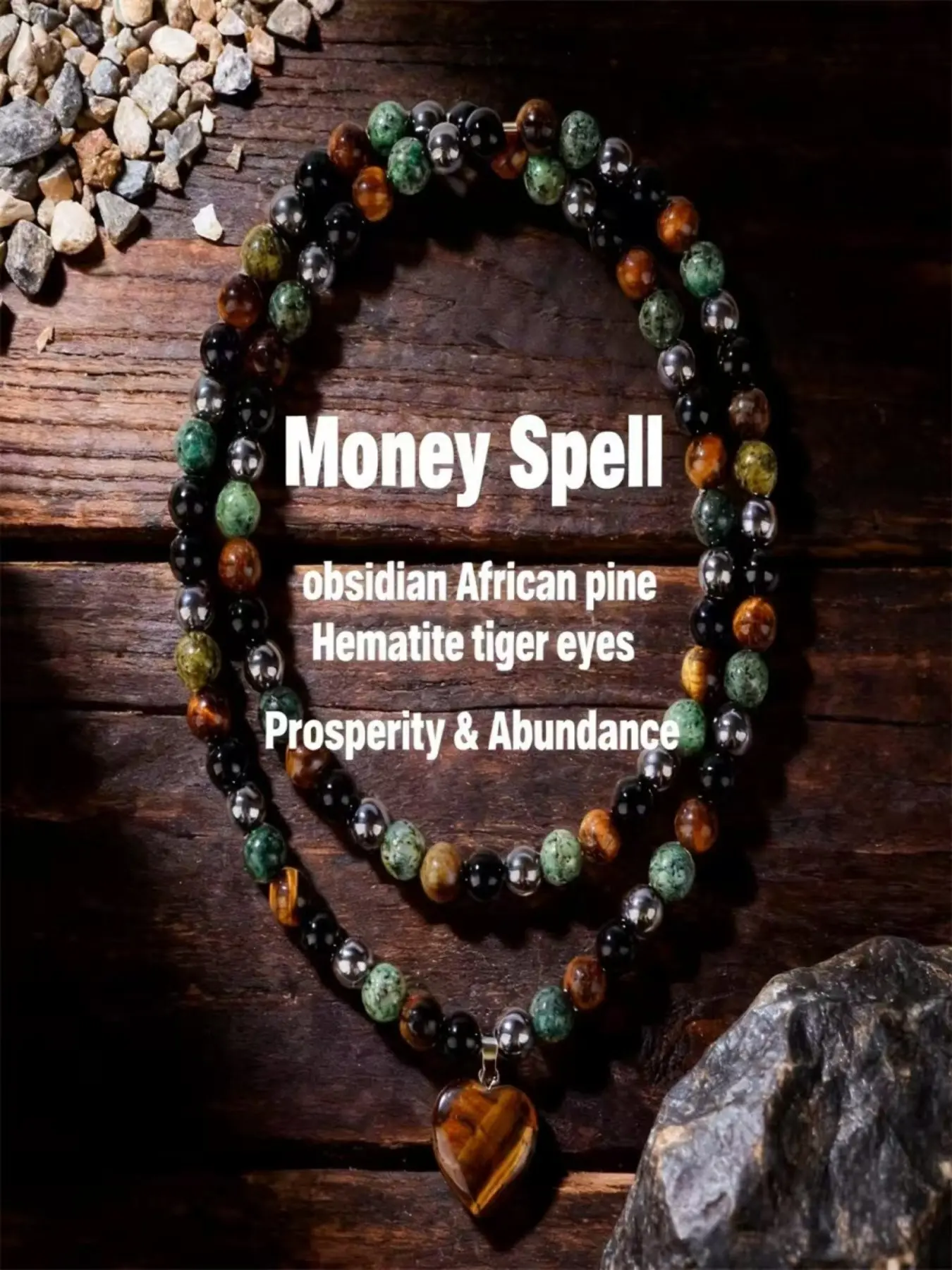 Prosperity & Wealth Beaded Pendant Necklace, Obsidian Tiger Eye Bead Pendant, Natural Stone Healing Jewelry, Unisex Spiritual Gift, Witchy Jewelry