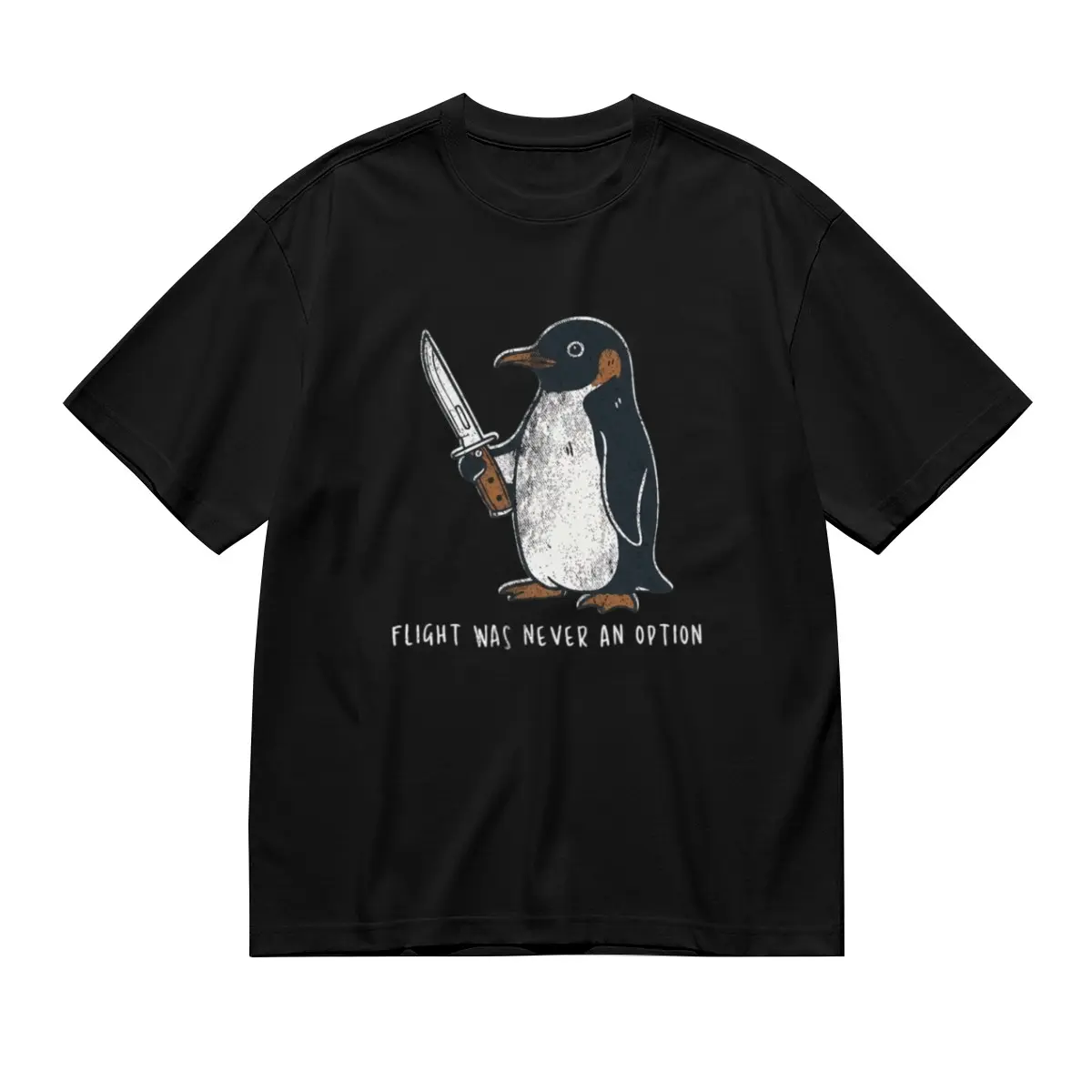 Unisex Funny "Flight Was Never An Option" Meme Penguin with a Knife Graphic Print Short Sleeve Round Neck Casual Clothes, Sports & Outdoor Tops, T-Shirt, Funny Meme, Unisex Fit, Classic, Meme Shirts