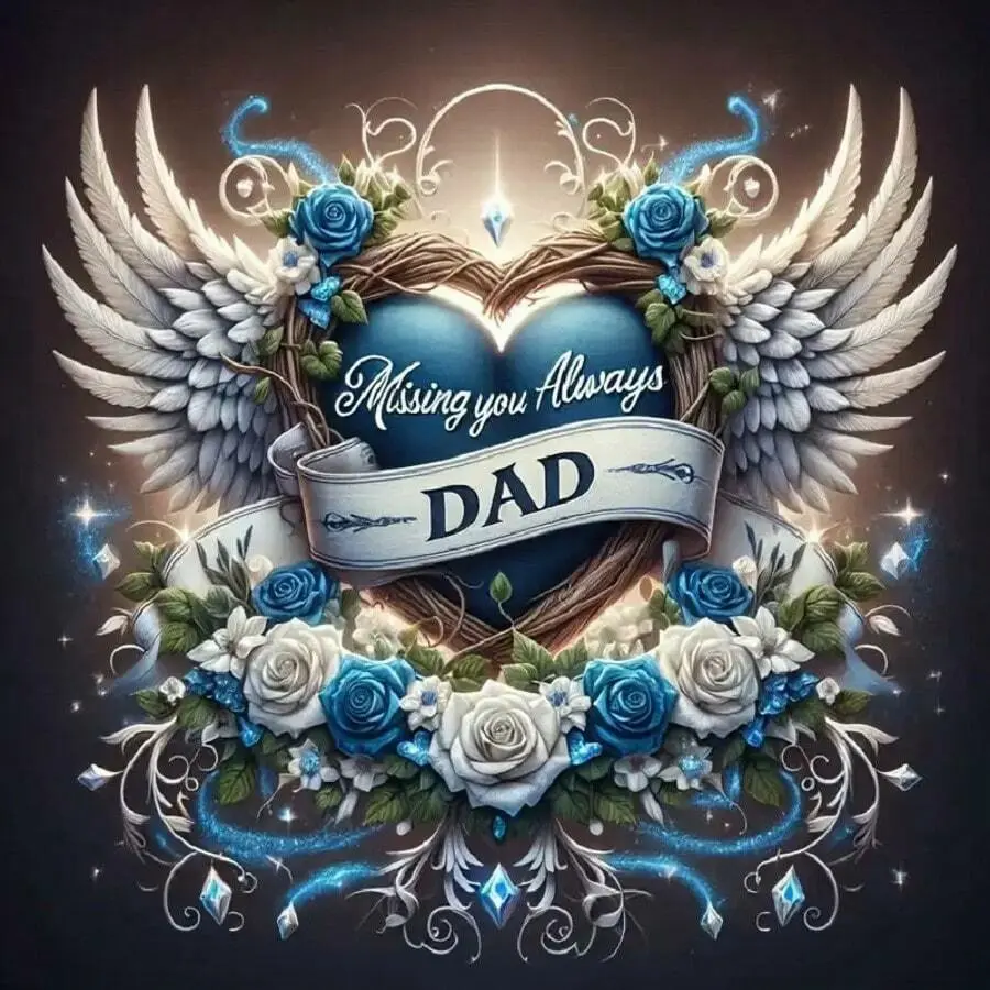 5D Diamond Painting Kit - "Missing You Always Dad" Angel Wings & Blue Rose Heart, Full Round Drill Memorial Rhinestone Art, DIY Embroidery for Remembrance Gift & Home Wall Decor, DIY Craft Supplies, Handicraft