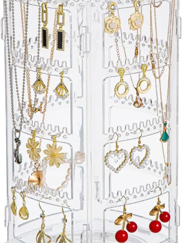360° Rotating Jewellery Stand Organiser, Clear Display Earring Holder, 4 Tiers Jewellery Stand Necklace Stand Jewelry Dangle Earring Necklace Bracelet Display Rack Stand for Storage