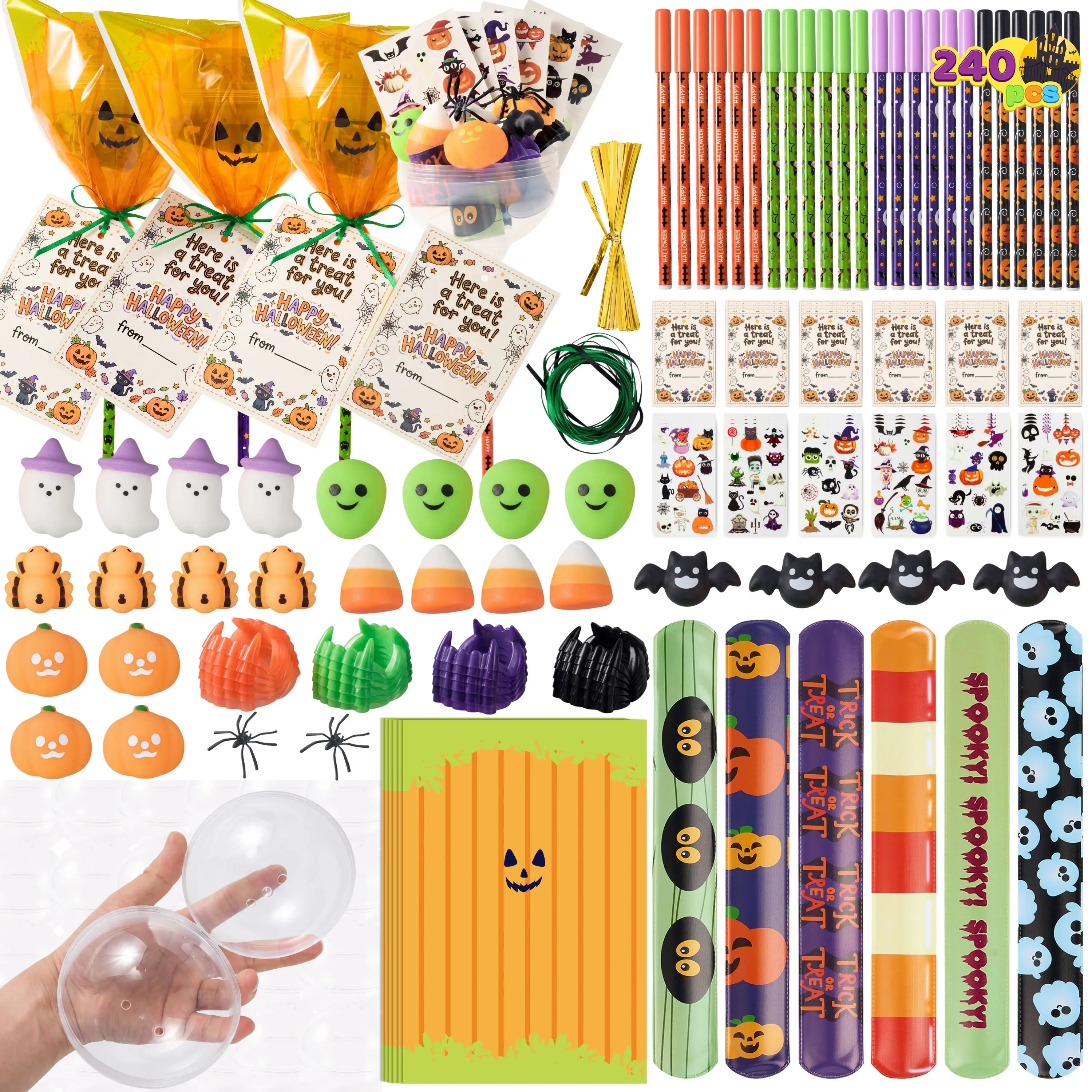 JOYIN 240PCS 24 Pack Halloween Toy Set, Lollipop-Shape Gift for Kid Party Favor Supplies, Trick or Treat, Classroom School Prize Including Ballpoint Pen, Stamp, Mochi, Slap Bracelets, Sticker, Spider