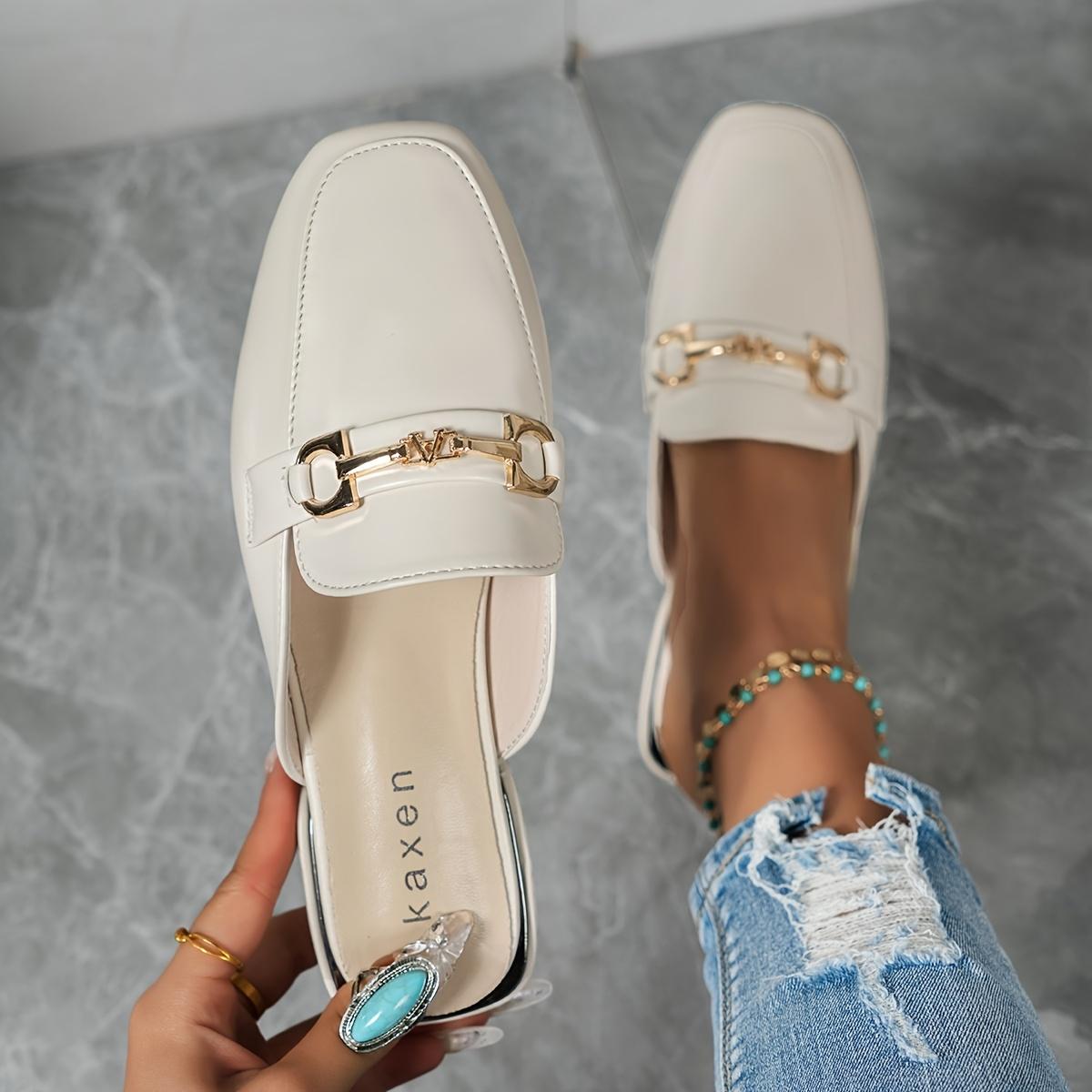 New Versatile Open-Toe Heeled Half Women'S Wear Metal Muller Shoes Lazy One-Step Flat And Loafer Shoes, Women Shoes