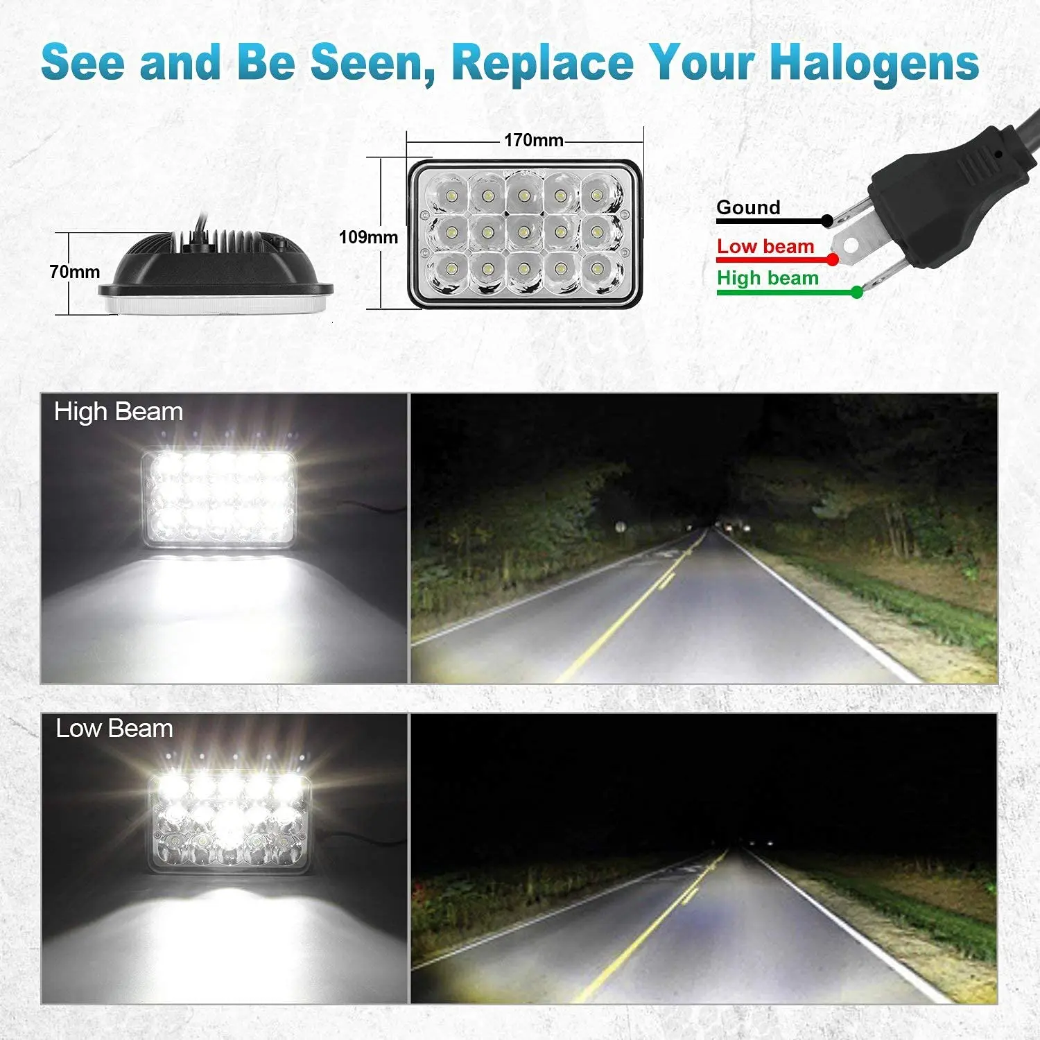 4x6 Inch Sealed Beam Headlamp Assembly, Replacement H4651 H4666 H4656 Rectangular Headlights for Van and Camper, Van Camper, Van Camper Fit
