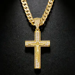 Men's Moissanite Cross Necklace with Jesus Crucifix Pendant, Nanotech - treated Tarnish - Free Cuban, Figaro, Rope & Miami Chains jewelry