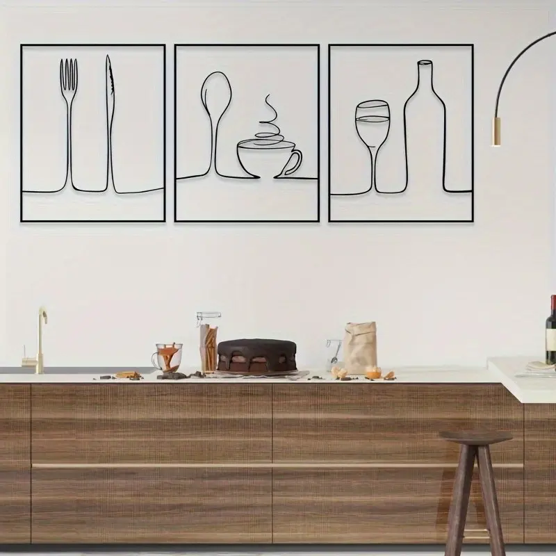 Modern Line Art Kitchen Decor with Forks, Spoons, Coffee Cups, Wine Glasses, Wall Hanging, Indoor Use, Modern Wall Decoration