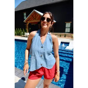 Denim Back Tie Halter Top (2 Colors)