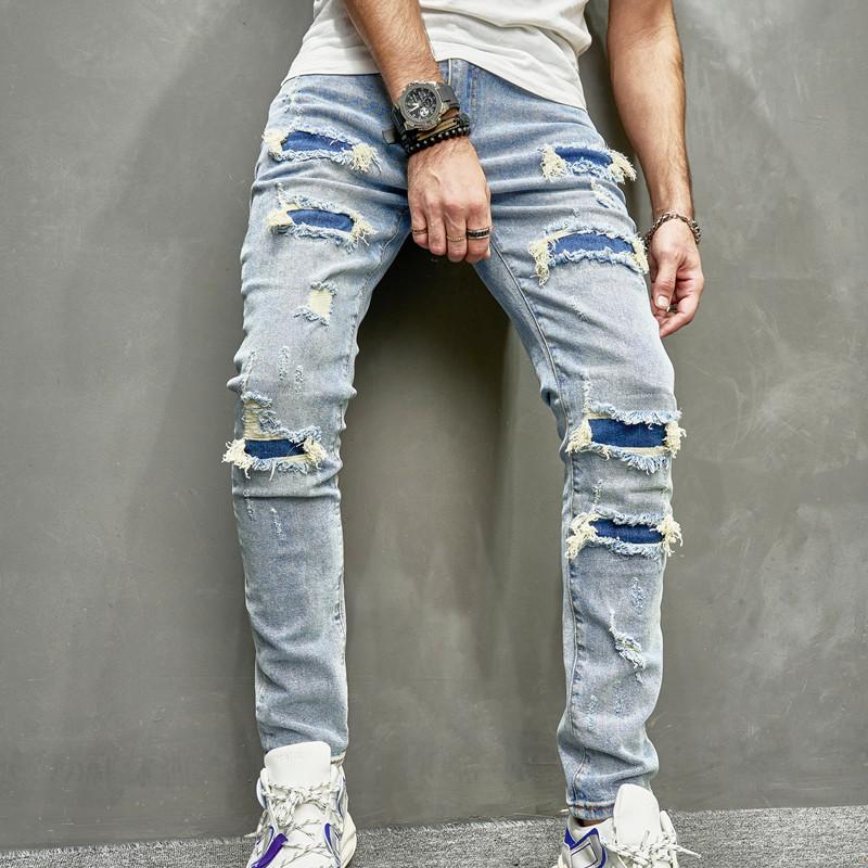 New Men's  Jeans patched denim Pants Spring Streetwear Hip Hop Slim Male Stylish Ripped Solid Casual Denim Holes SkinnyTrousers Menswear Underwear Human Pocket Motocross Beige Plain