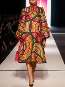 Women's Elegant A-Line Long Sleeve Colorblock High Neck Halter Statement Dress, Fitted Woven Fabric, All Seasons Fashion