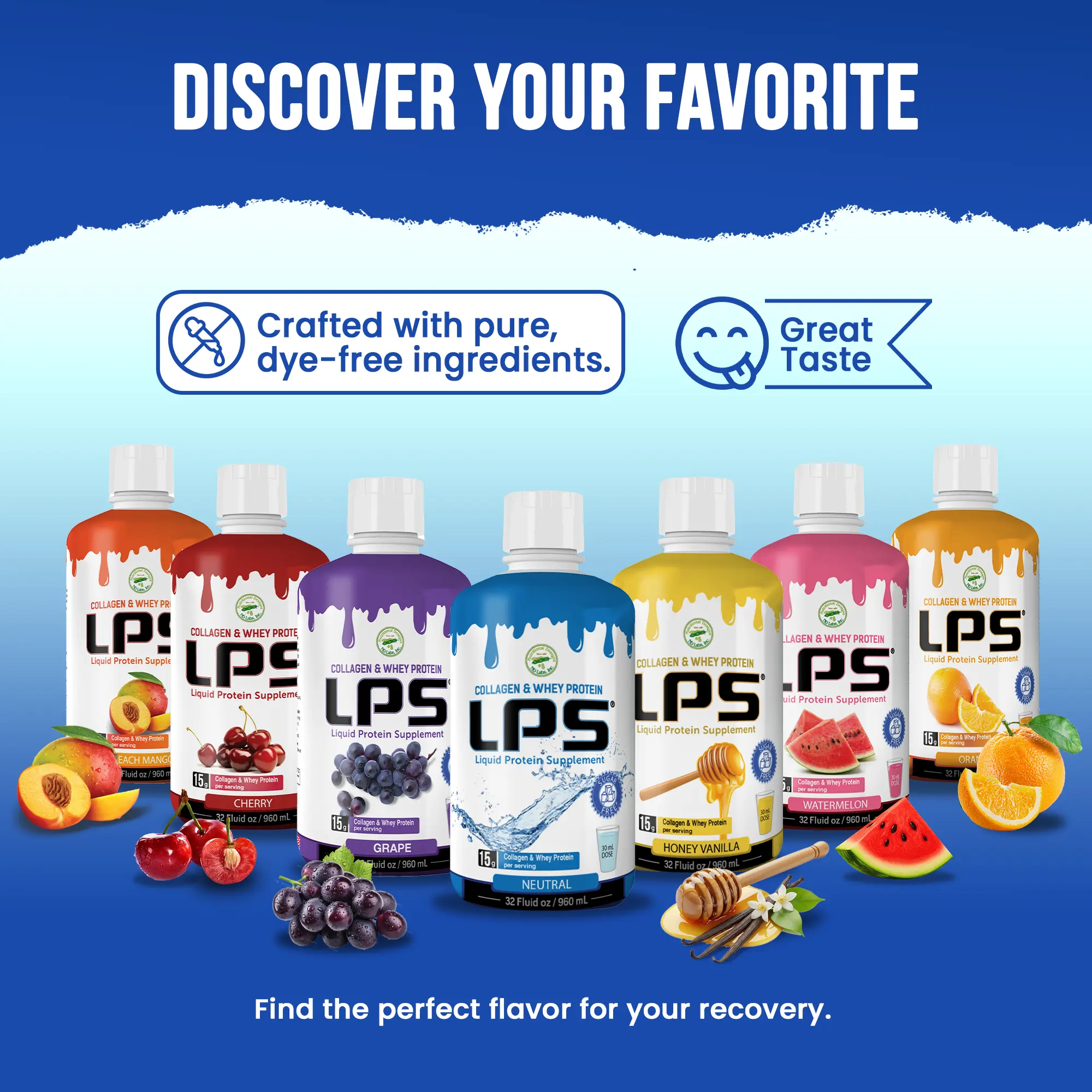 LPS Collagen & Whey Protein Supplement – 15g Protein - 32oz Bottles - 7 Flavors