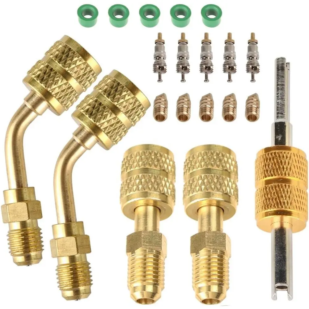 Mini Split System Adapter Kit - 5/16 Female-1/4 Male Flare, Quick Connect, Knurled Grip, Port Conversion, R410A Type, SAE Sizes, Valve Core Remover, Hose Gaskets, Valve Cores for HVAC Service, Brass