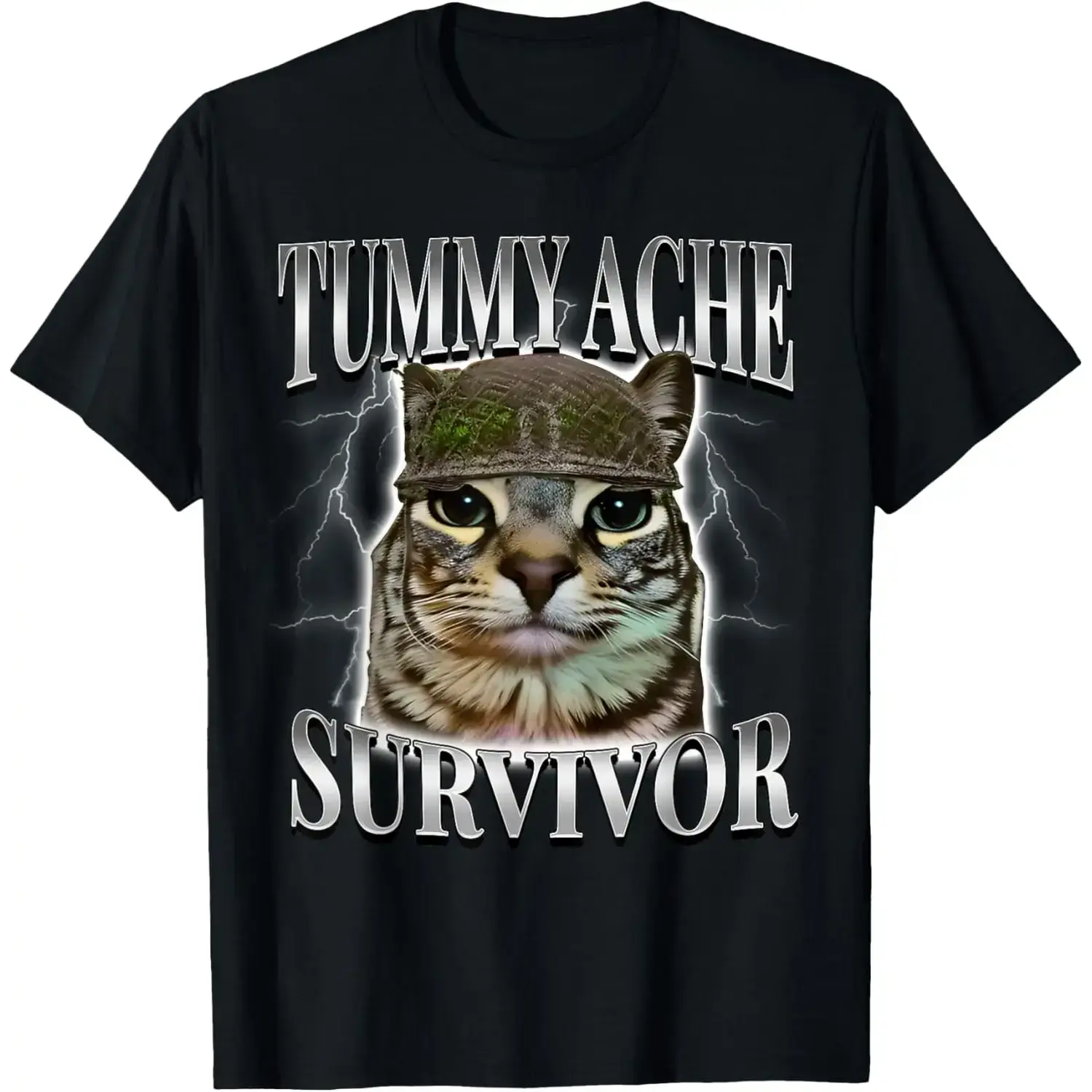 Women's 100% Cotton Knit Graphic T-Shirt - Short Sleeve, Crew Neck, Flat, Comfortable Fit, Funny Tummy Ache Survivor Cat Print, Classic Casual Summer Top, Cold Wash Safe, No Irritation, Clothes, Garment, Lady, Round Neck, Tshirt