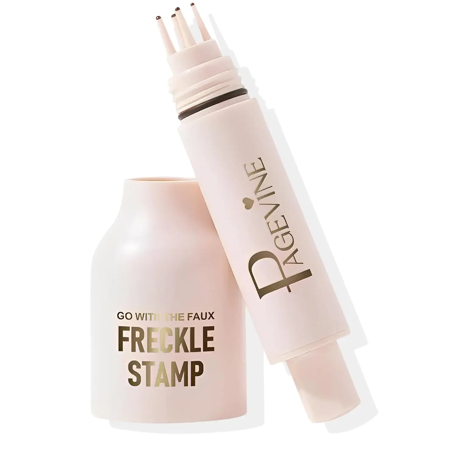 Freckle Stamp Pen — Fake freckles stain marker pencil tool for natural, lifelike sun-kissed face makeup that’s waterproof and long-lasting; quick-drying 5-point faux freckle stamp cushion