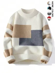 Men's Geometric Pattern Pullover Sweater, Stylish Casual Crew neck Drop Shoulder Long Sleeve Knitted Top, Color Block Striped Sleeve Design Fashion Fall Winter Inside Top Soft Warm Daily Life, Trendy Men's Outdoor Going Out Fashion Knitwear