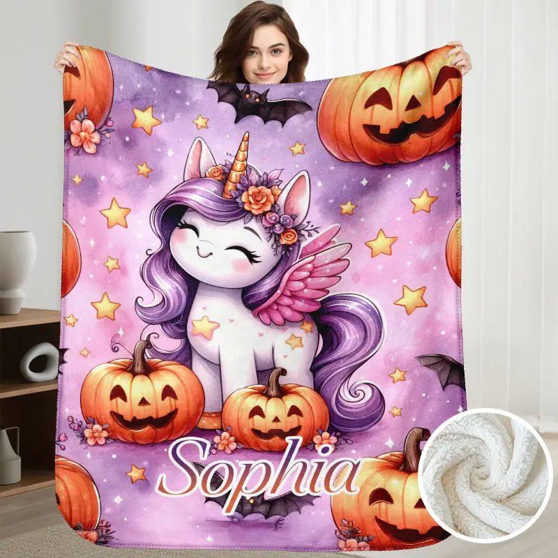 Personalized Name Unicorn Sherpa Halloween Pumpkin Blanket Soft Winter Cute Blanket for Girls Wife Family Little Pony Blanket Christmas Gift for Her Custom Name