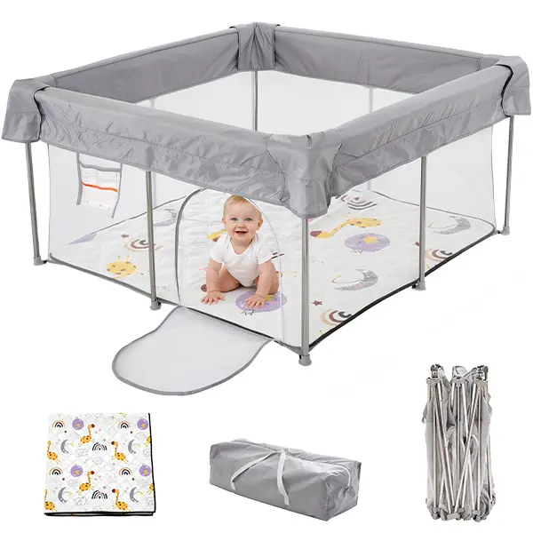 Desque Foldable Baby Playpen 47x47 Inch with Mat and Carry Bag Portable Collapsible Play Pen for Babies & Toddlers Indoor Outdoor Durable Oxford Fabric 8 Anti-Slip Pads Travel Play Pen
