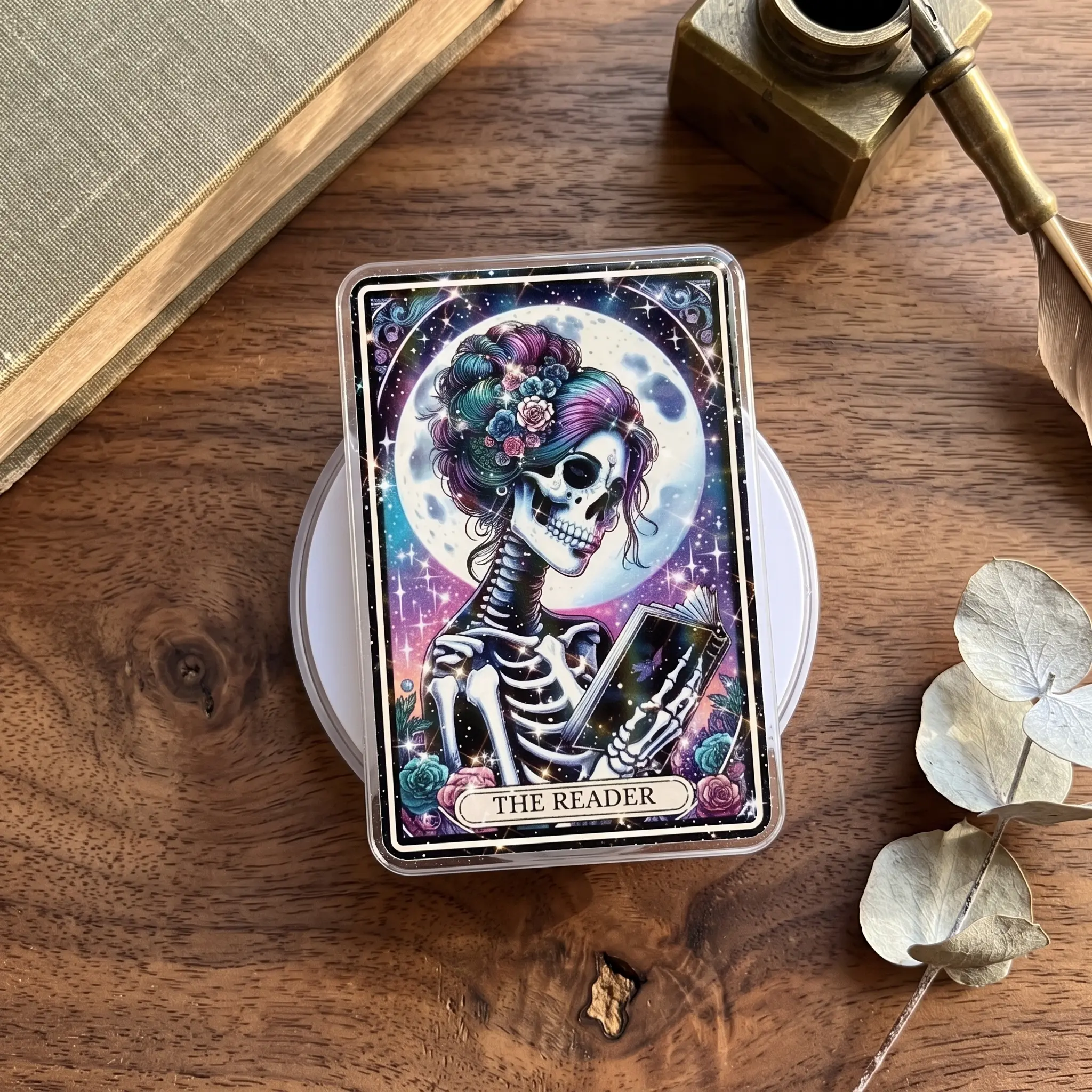 Skeleton Reader Magnetic Phone Grip & Kindle Grip, Gothic Tarot Card Phone Holder Stand, Bookish Kindle Grip, Dark Academia Gift