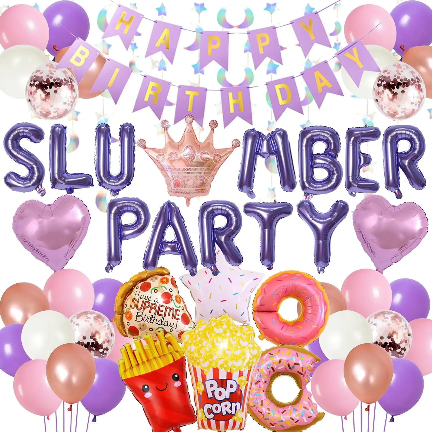 Girls' Purple Slumber Party Balloon Set - Large Garland, Foil Balloons (Popcorn, Donut, Pizza, Crown), Banner for Birthday Sleepover Pajama Night Party Decorations