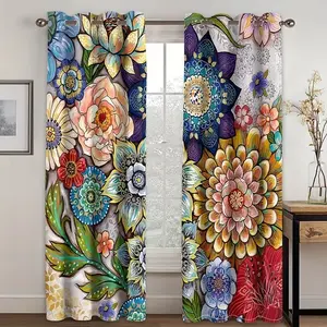 2pcs Boho Floral Curtains, Colorful Flower Pattern Drapes, Elegant Window Treatment for Home Bedroom Living Room Kitchen Decor