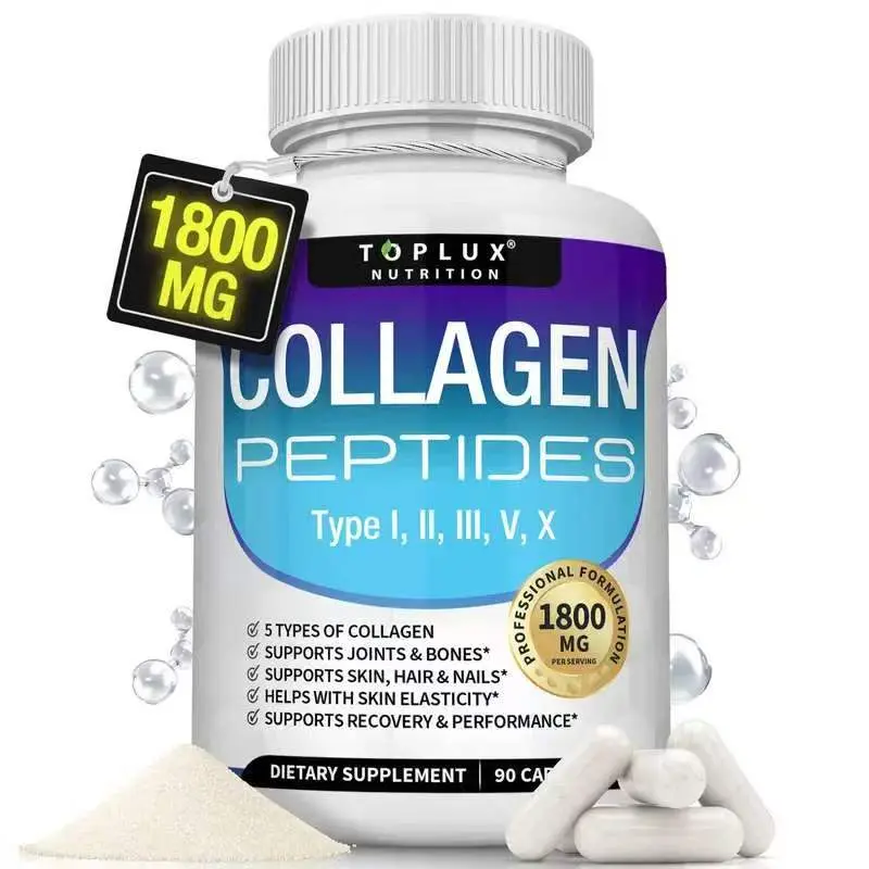 Toplux five-blend collagen capsules 1800mg, US-manufactured beauty wellness supplement, 90 capsules