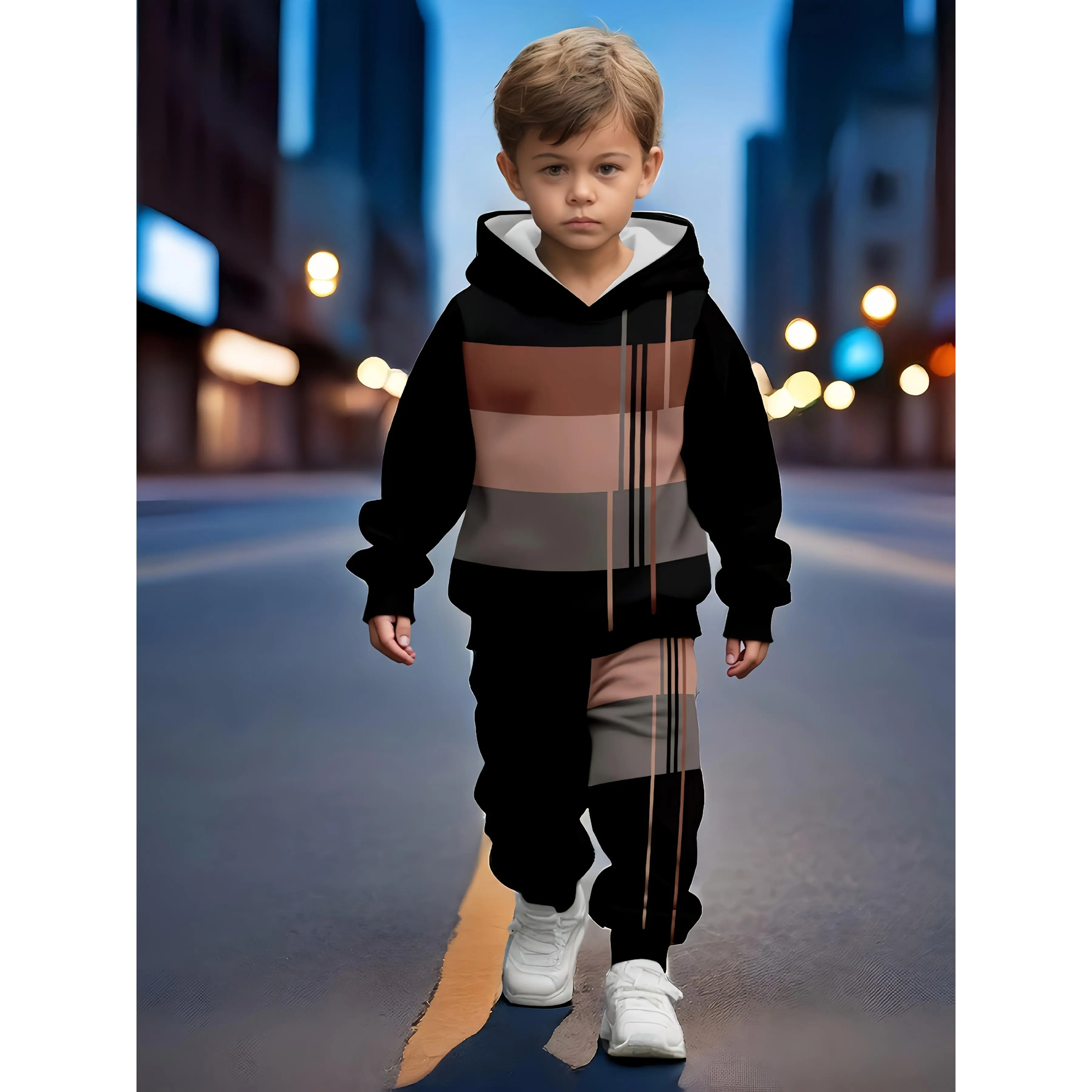 [Boys' Hoodie & Joggers Set] Boys' 2pcs Color Block Stripe Hoodie & Joggers Set - Comfy, Casual Outfit for Spring/Fall, Machine Washable, Perfect for Outdoor